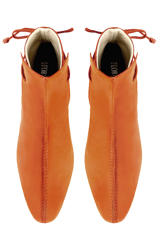 Clementine orange women's ankle boots with laces at the back. Round toe. Low block heels. Top view - Florence KOOIJMAN